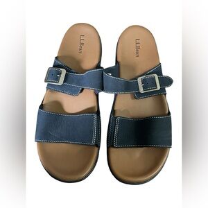 LL Bean Navy Blue Leather Buckle Slide Sandals 10 M